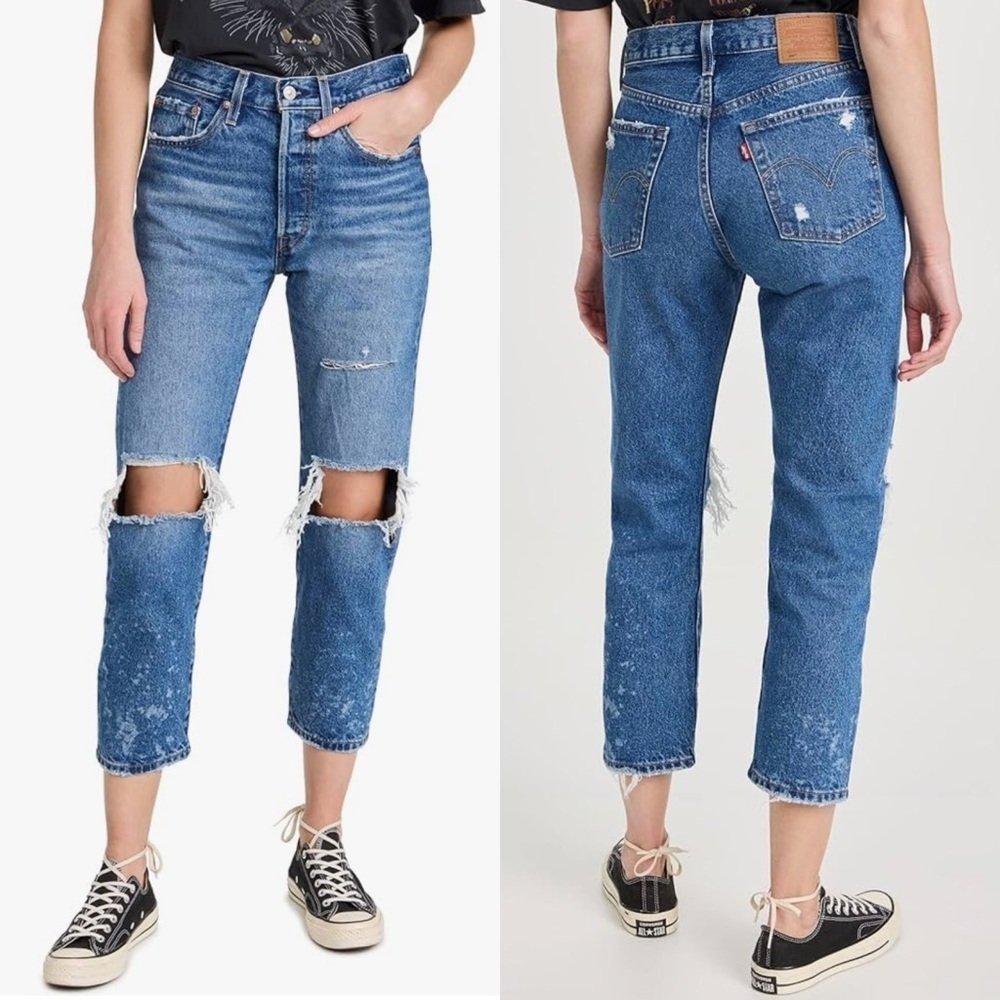 NWT Levis 30x26 Blue Distressed Jeans 501 Crop Knee Holes Button Fly Straight